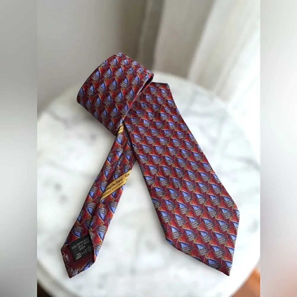 Ermenegildo Zegna Red Blue Gold geometric silk tie Italy